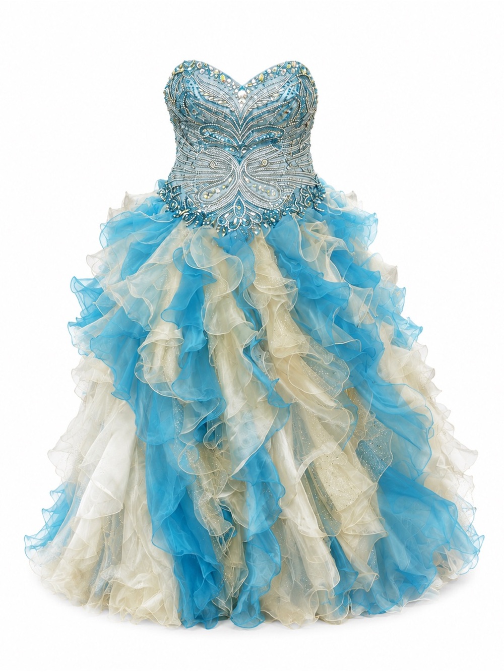 Sweetheart Beaded Ball Gown Prom Dress in Blue and Cream